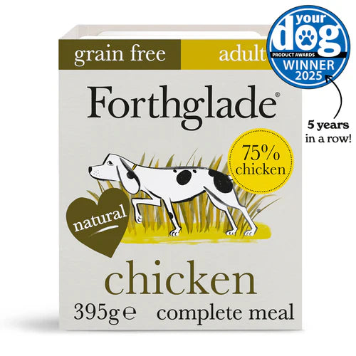Front view of Forthglade Grain-Free Chicken Complete dog food packaging, showing 75% chicken and all-natural claims.