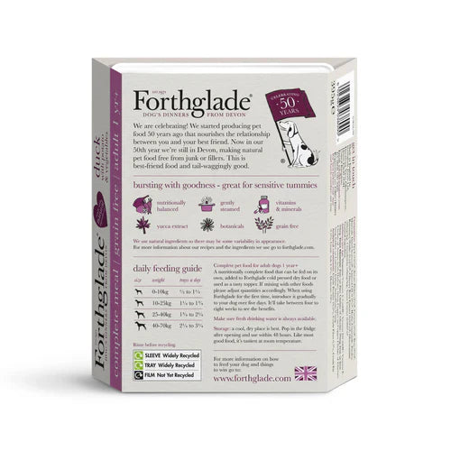 Back view of Forthglade duck dog food tray with feeding guidelines, ingredients, and nutritional info.