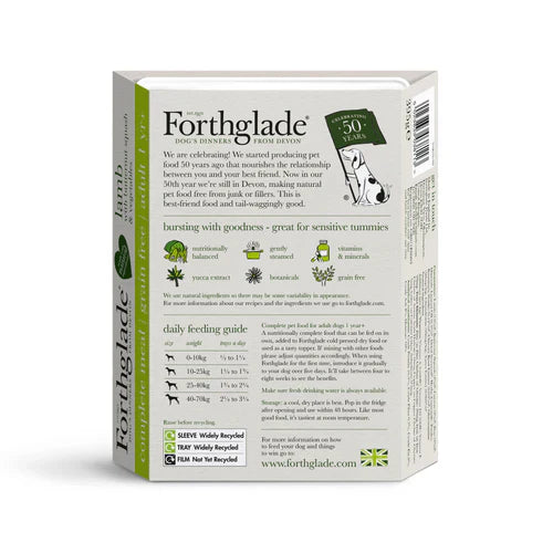 Back of the Forthglade lamb dog food pack showing nutritional information, ingredients, and feeding instructions.

