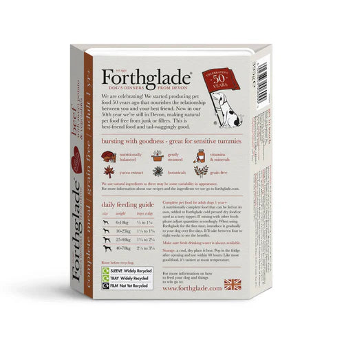 Back of Forthglade Beef Wet Dog Food packaging featuring ingredients, feeding guide, and nutritional information.